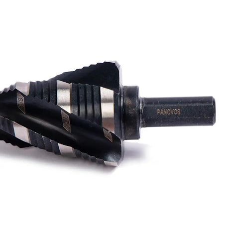 Close-up of Heavy Duty Four Spiral Flute Step Drill Bit Set for Metalworking in M35 Cobalt High Speed Steel by Panovos