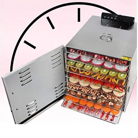 Top Shelf Heavy Duty Ten Layer Stainless Steel Electric Food Dehydrator With Digital Timer And Adjustable Trays for drying fruits and snacks.