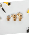 9 Piece Grease Fitting Assortment Kit with copper oil nozzle caps, straight and angled nipples surrounded by tools on white background.