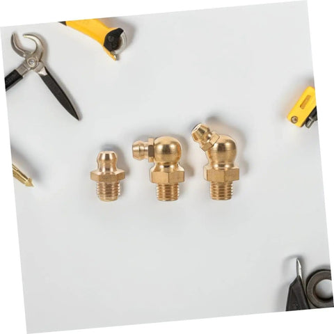 9 Piece Grease Fitting Assortment Kit with copper oil nozzle caps, straight and angled nipples surrounded by tools on white background.