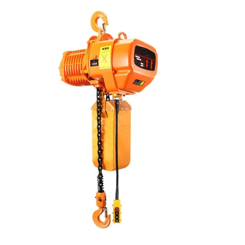 Heavy Duty 1500W Electric Chain Hoist And Overhead Crane featuring an orange rustproof frame and remote control, ideal for garage work.