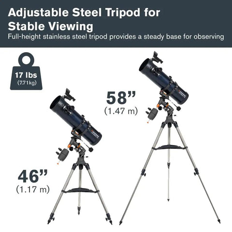 AstroMaster 130EQ-MD Newtonian Reflector Telescope with adjustable steel tripod for stable star tracking and observation.
