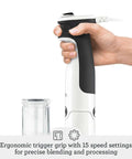 Top Notch Brushed Stainless Steel Immersion Blender Set with ergonomic trigger grip for precise blending and processing.