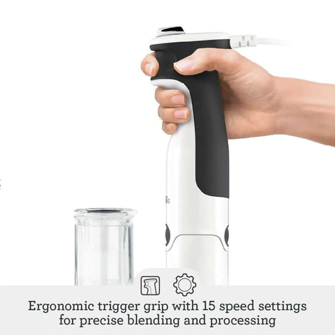 Top Notch Brushed Stainless Steel Immersion Blender Set with ergonomic trigger grip for precise blending and processing.