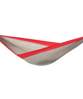 Ultralight Camping Hammock That Feels Like Full Size Bed For Backpacking Trips Just 13 Oz Durable Parachute Polyester 275 Pounds Capacity Ultra Portable With Handy Stuff Sack And Quick Setup in red and grey.