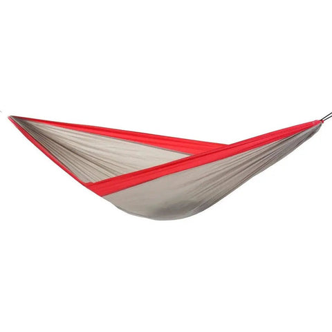 Ultralight Camping Hammock That Feels Like Full Size Bed For Backpacking Trips Just 13 Oz Durable Parachute Polyester 275 Pounds Capacity Ultra Portable With Handy Stuff Sack And Quick Setup in red and grey.