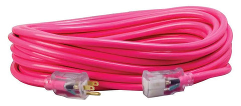 Pink Heavy Duty Outdoor Extension Cord 50 Ft 12 Gauge 3 Conductor SJTW Lighted End Weatherproof All Copper Wire For Yard Use