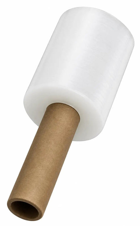 Top Shelf 4 Pack Stretch Wrap Rolls 5 Inches Wide 1000 Feet Long 80 Gauge Clear Cling Plastic Film With Extended Core Handle, single roll view.