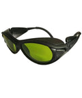 Top Shelf Ipl Safety Goggles With Uv400 And Od5 Plus Filter For 200Nm To 2000Nm Light Exposure Includes Ten Piece Bulk Pack For Salon Crews And Esthetic Pros Grind Proof Eye Shielding, angled view with green lenses.