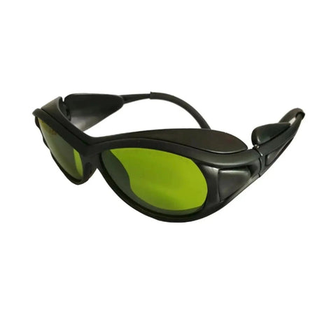Top Shelf Ipl Safety Goggles With Uv400 And Od5 Plus Filter For 200Nm To 2000Nm Light Exposure Includes Ten Piece Bulk Pack For Salon Crews And Esthetic Pros Grind Proof Eye Shielding, angled view with green lenses.