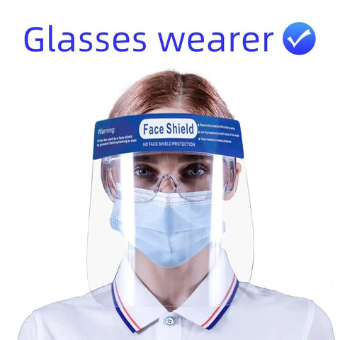 Fog Free Clear Face Shield For Glasses Wearers Pack Of 10 Anti Fog Coating depicted on a person wearing glasses and a mask.