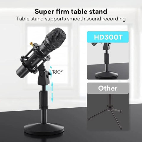 Dual USB And XLR Dynamic Podcast Mic Kit With Volume Control Shock Mount And Pop Filter shown on a firm table stand.
