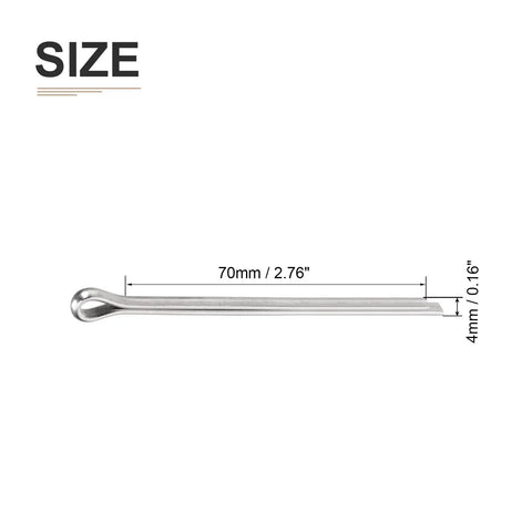 Two Pack 4mm By 70mm Cotter Clip Pins Hairpin Fasteners Stainless Steel 304 Silver, illustrating 70mm length and 4mm width