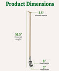 Lifetime Garden Spork dimensions illustration with 56.5" length, 5.5" ash handle, hand-forged in Holland, Swedish boron steel head.