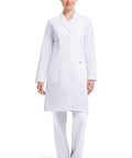 Woman wearing Contemporary Fit Women's 37 Inch Twill Fitted Lab Coat With Notched Lapels And Button Front In White, showing full front view.