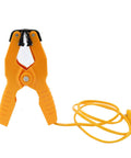 Heavy Duty Pipe Clamp K Type Thermocouple Probe For Temperature Range Minus 40 To 392 Fahrenheit (Minus 40 To 200 Celsius) Yellow 38 Inch Cable Spring Loaded Jaw Fits Quarter Inch To One And Three Eighths Inch Pipe Built Tough showing close-up of yellow clamp and cable.