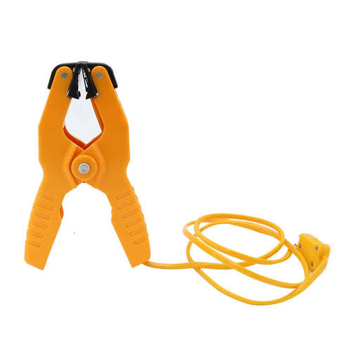 Heavy Duty Pipe Clamp K Type Thermocouple Probe For Temperature Range Minus 40 To 392 Fahrenheit (Minus 40 To 200 Celsius) Yellow 38 Inch Cable Spring Loaded Jaw Fits Quarter Inch To One And Three Eighths Inch Pipe Built Tough showing close-up of yellow clamp and cable.