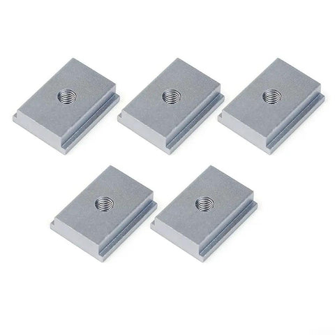 5 Pack Heavy Duty M6 Aluminum T Slot Nuts For Table Saw Sliders And T Track Runner Clamps Perfect Sled System Fitment Grey, showing five grey aluminum locknuts.