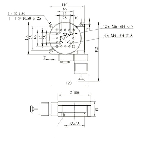Technical diagram of Precision Electric Rotating Platform For Optical Alignment, Pro Grade Motorized 100mm Rotation Stage With Worm Drive.
