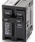 Heavy Duty Workhorse Dual Pole Circuit Breaker, 100 Amp 120 To 240 Volt Interchangeable Replacement For Main Residential Panels, side view showing on/off switches.