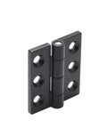 JL715 adjustable torque hidden stay hinge, black metal, two plates with round holes (angled front view).