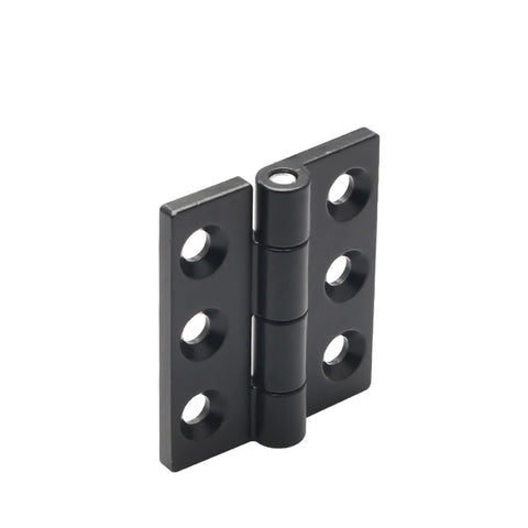 JL715 adjustable torque hidden stay hinge, black metal, two plates with round holes (angled front view).