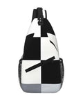 Unisex Black And White Piano Key Grid Print Fanny Pack Adjustable Crossbody Chest Bag side view with mesh pocket and adjustable strap.