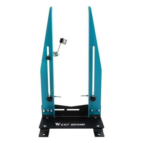 Front view of Dual 360 Degree Wheel Truing Stand for MTB and Road Bikes, made of durable high carbon steel, precise alignment tool.