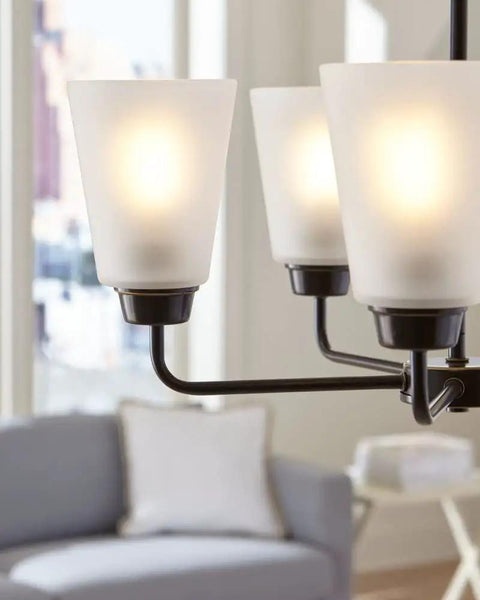 Seagull 3115205962 Five Light Transitional Chandelier From Kerrville Collection with satin etched glass, close-up view