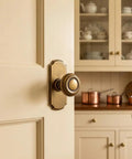 Top Shelf Antique Brass Cabinet Knobs With Killer Scalloped Backplates And Hella Durable Build For Fresh Kitchen And Bathroom Renovations Two Point Seven Five Inch Width Six Pack on a stylish cabinet door.