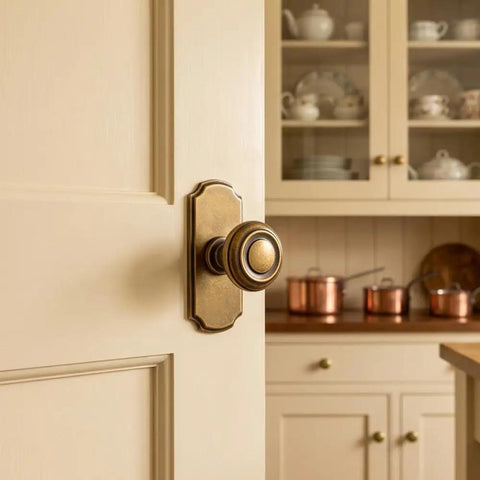 Top Shelf Antique Brass Cabinet Knobs With Killer Scalloped Backplates And Hella Durable Build For Fresh Kitchen And Bathroom Renovations Two Point Seven Five Inch Width Six Pack on a stylish cabinet door.