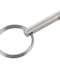 Stainless steel quick-release pin with ring, 1/4 in diameter, 1 in usable length, close-up view