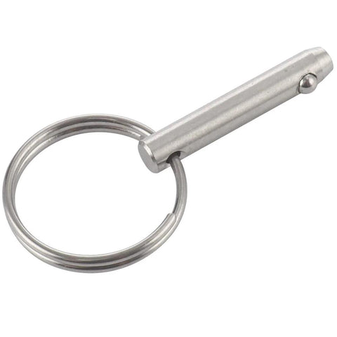 Stainless steel quick-release pin with ring, 1/4 in diameter, 1 in usable length, close-up view
