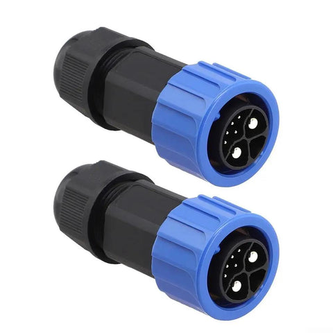 Heavy Duty Two Pack M23 8 Pin Power Connector 50A 500V IP67 Waterproof Male And Female Plug side view, black and blue design.