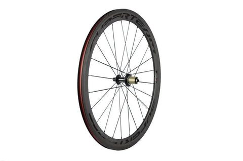 Side view of a Carbon Fiber Road Bike Wheelset 700C Clincher, 50mm Deep Rim, 23mm Wide Matte Finish With Transparent Decal.