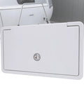 Heavy Duty RV Baggage Door Toolbox With Safety Latch And Drain Bottom Cap Rock Hard Abs Shell, white enclosure with secure latch.