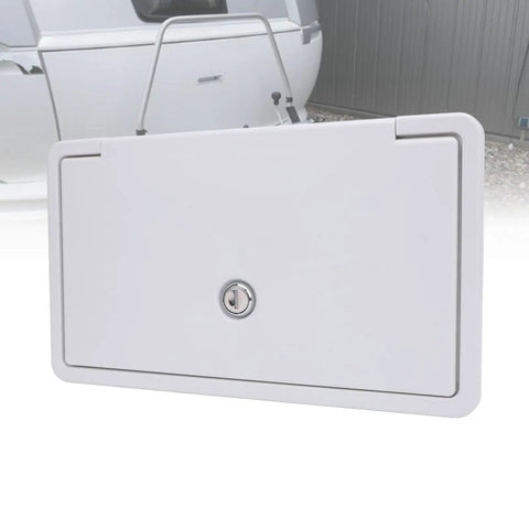 Heavy Duty RV Baggage Door Toolbox With Safety Latch And Drain Bottom Cap Rock Hard Abs Shell, white enclosure with secure latch.