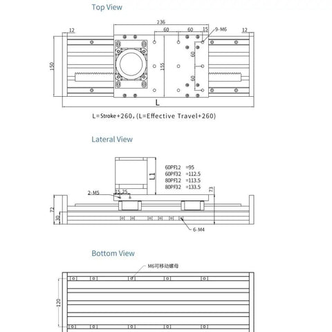 Top, lateral, and bottom views of Beefed Up Precision Gear Rack Ball Screw Slide Module For XYZ Three Axis Gantry Cantilever with dimensions.