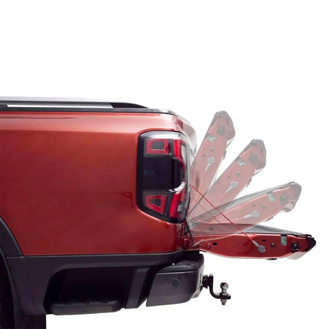 Slick Plug And Play Rear Tailgate Slow Close Damper For 1995 To 2004 Toyota Tacoma showing slow close feature with gas struts in use.