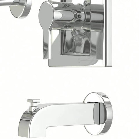 Modern Single-Handle Tub and Shower Faucet in Chrome With Valve Included For An Easy Upgrade, 1-Spray Showerhead, WaterSense Certified, 1.8 GPM Flow, Durable Budget-Friendly Bath Fixture close-up showing handle and spout.