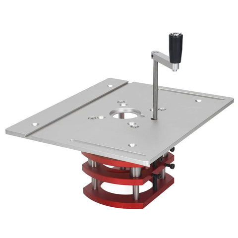 Top Shelf Router Lift Kit For Custom Woodworking Shops Featuring Slick Manual Crank Handle And Dead Precise Height Adjustment Tough Aluminum Stainless Steel Insert Plate.