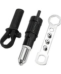 Cordless Car Rivet Gun Adapter Kit with 4 Rivet Heads, drill attachment and wrench displayed on white background.