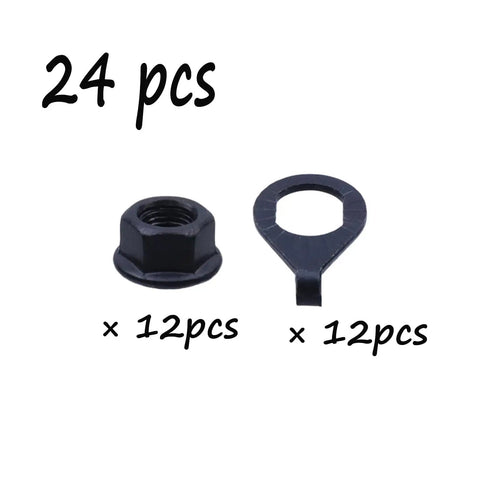 Three Eighth Inch Black Flange Bicycle Hub Nut Kit with Front and Rear Safety Washers, 24 pieces displayed