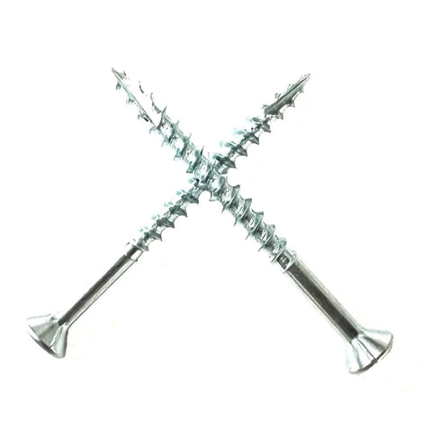 Heavy Duty Flat Head Wood Screws Eight X Two Inch Zinc Coated Steel Fasteners With Type Seventeen Point Nibs for Particle Board MDF cabinets.