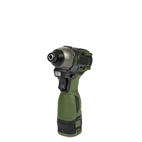 Cordless Brushless Electric Drill Delivering 140Nm of Knockout Torque With Solid Metal Ratchet Chuck In Army Green side view
