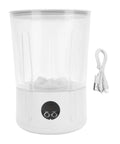Slick Cordless Mini Washing Machine A Perfect Campus Essential For Dorm Life And Travel Compact Abs Plastic Rechargeable Clothes Washer with clear container and USB charging cable.