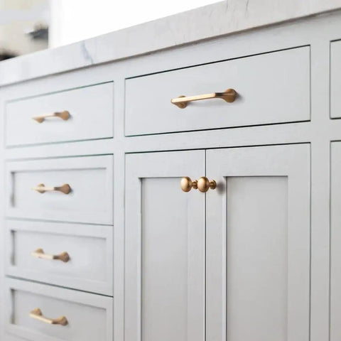 Antique Brass Cabinet Handles Set Of 6 192mm Retro Drawer Pulls Zinc Alloy Vintage Kitchen Hardware installed on white cabinets.