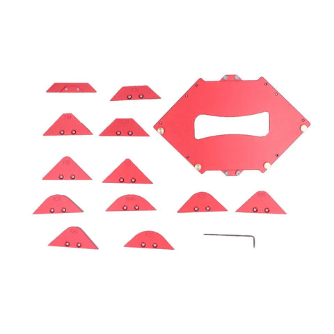 Pro Grade Router Table Corner Jig And Radius Template Kit For Hustling Carpenters with red templates and base for precise edge profiling.