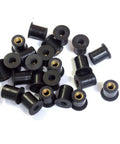 Heavy Duty Neoprene Flanged Expansion Nuts With Solid Brass Inserts Tough As Nails Shock Absorbing Fasteners For Blind Holes Metal Tubes Auto Grade 18 Pack scattered on a white background.
