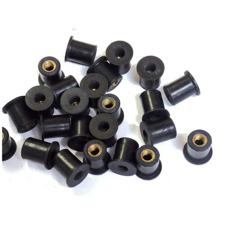 Heavy Duty Neoprene Flanged Expansion Nuts With Solid Brass Inserts Tough As Nails Shock Absorbing Fasteners For Blind Holes Metal Tubes Auto Grade 18 Pack scattered on a white background.